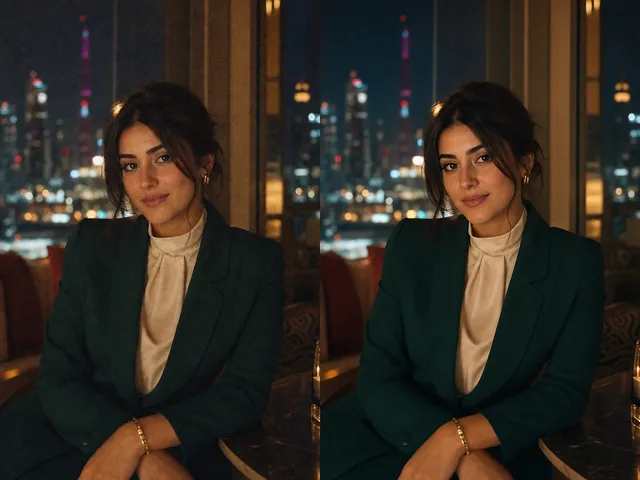 Retrato nocturno granuloso antes y después de la limpieza con reductor de ruido fotográfico