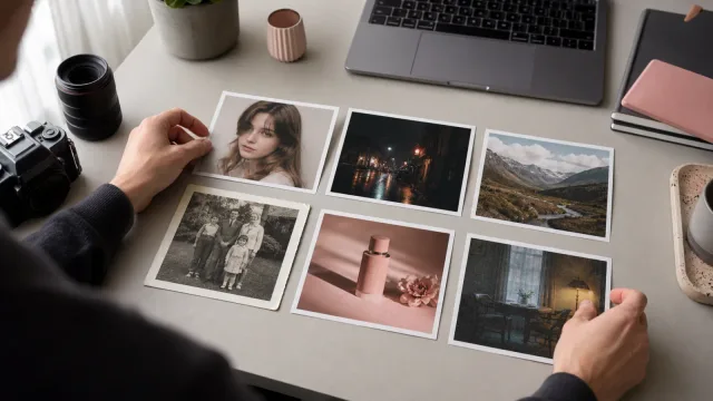 Editor comparando seis fotos impresas con necesidades de mejora de retrato, noche, paisaje, familia, producto y poca luz
