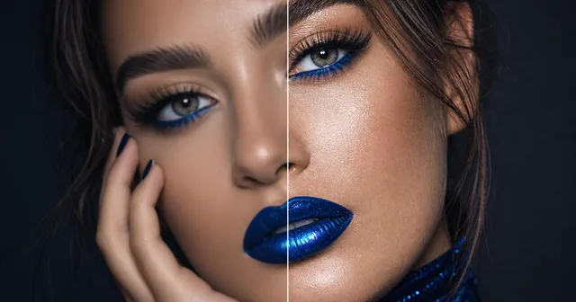 Sharpen Image before and after sapphire blue beauty editorial close-up