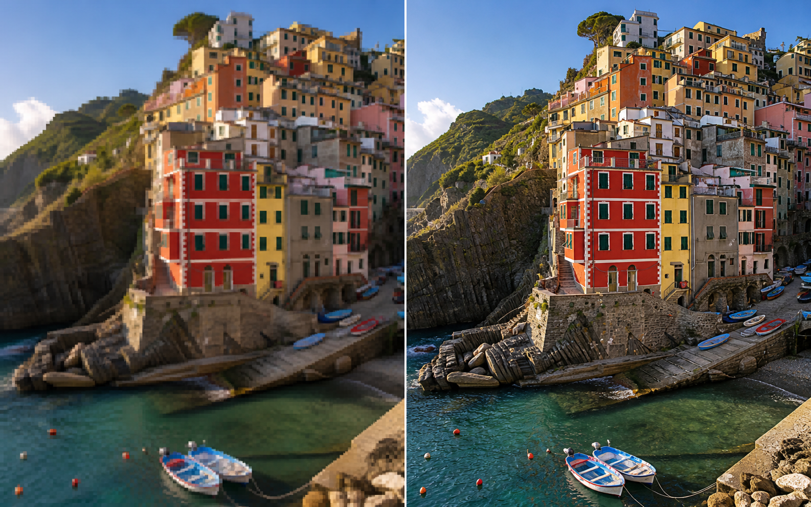 AI image upscaler before and after coastal village photo