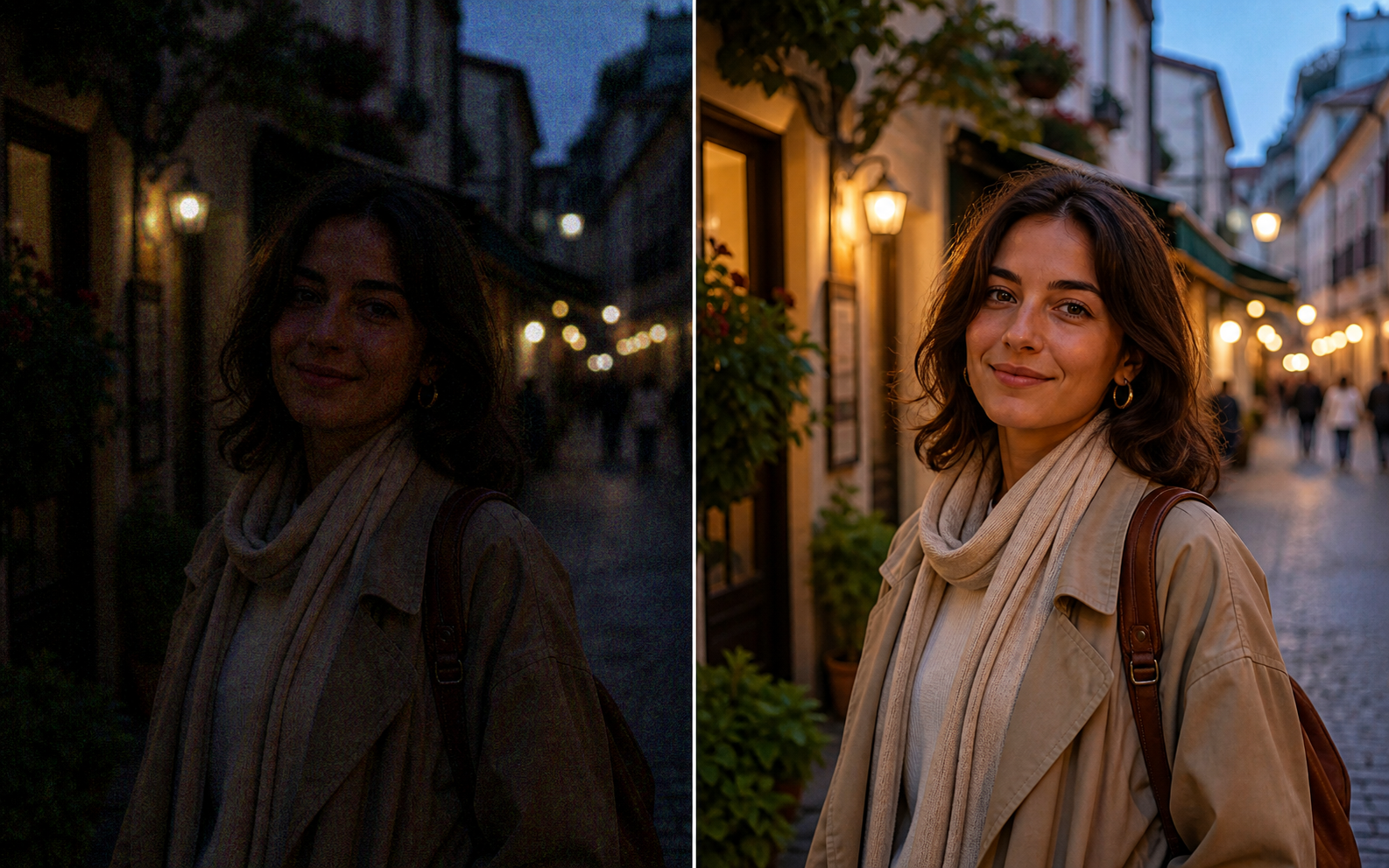 AI photo enhancer before and after evening street portrait