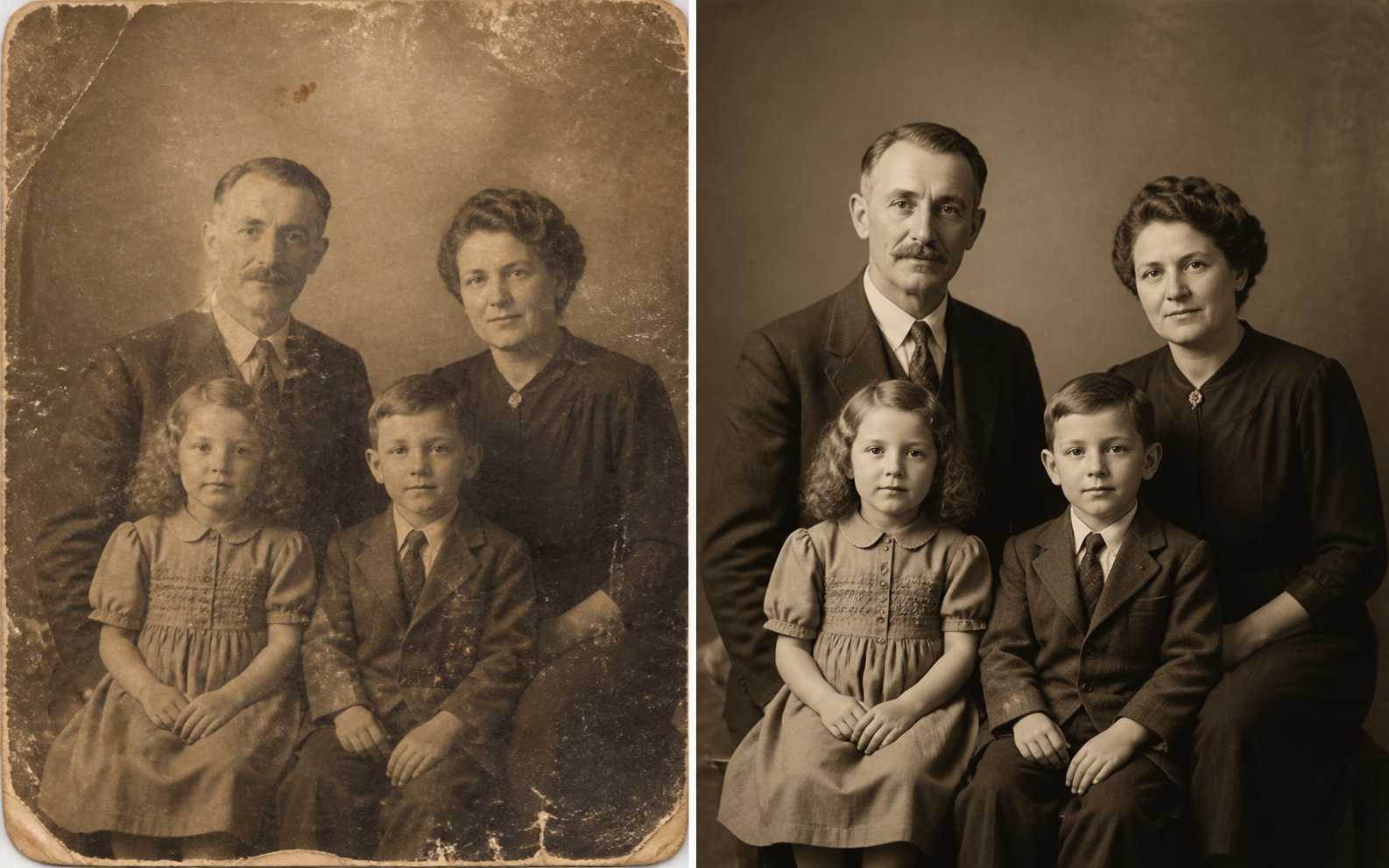 AI photo restoration before and after vintage family portrait