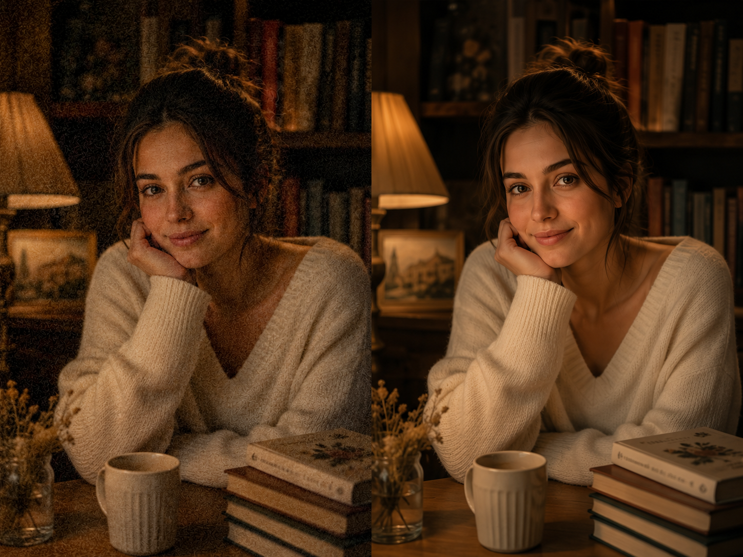 AI denoise photo before and after low-light noise reduction